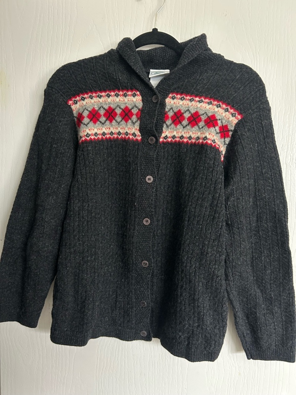 Cozy Black Cardigan Sweater with Red Fair Isle Trim